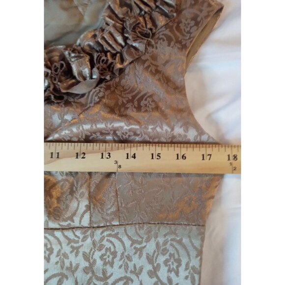 London Times Size 10 Woman Cocktail Dress Knee Length Gold Ruffled Neck - Picture 6 of 15